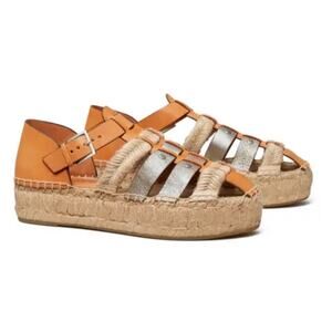 Tory Burch Fisherman Platform Espadrilles Brandy Brown Silver Leather New size 9